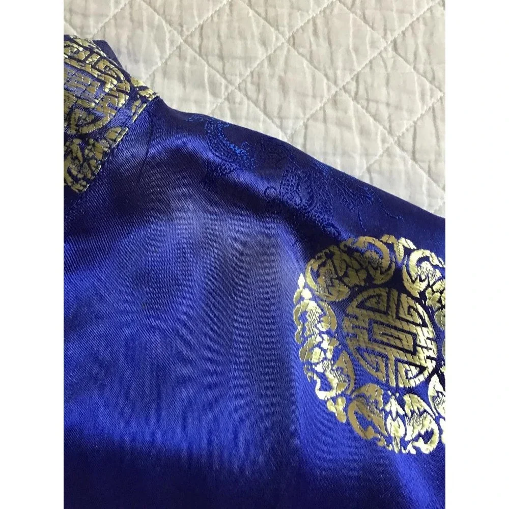 Mens Chinese Traditional Royal Blue Gold Silk Satin Tang‎ Suit Jacket Size XXL